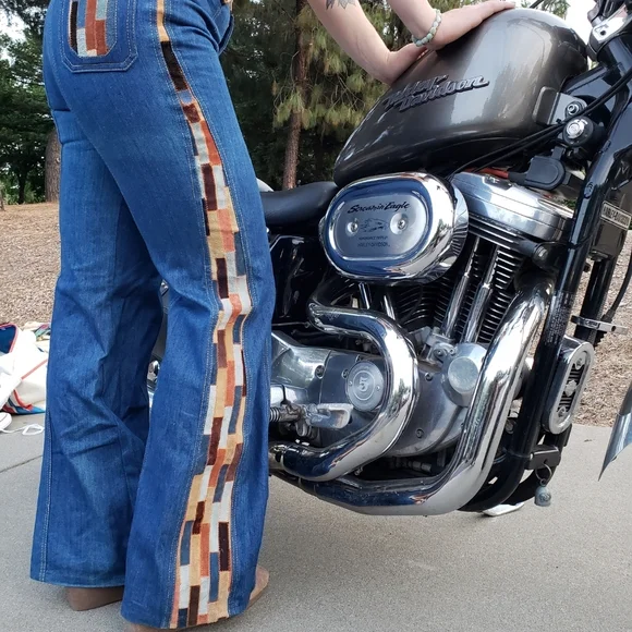 RARE VINTAGE 70s Suede Patchwork Wideleg Bell Bottoms Jeans - Picture 9 of 12